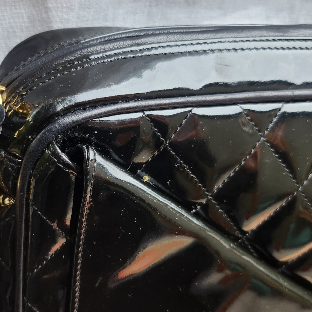 Chanel vintage black patent leather tassle camera bag